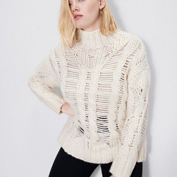 ZARA Sz M Medium Ivory Cable Knit Pullover Sweater Open...